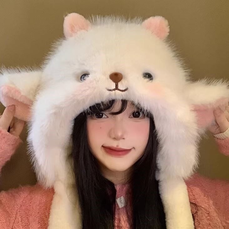 冬季新款可爱小绵羊毛绒帽女帽子捏耳朵会动加厚防寒保暖雷锋帽子