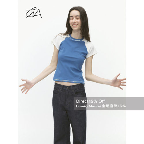 美式复古撞色插肩袖短袖T恤夏季