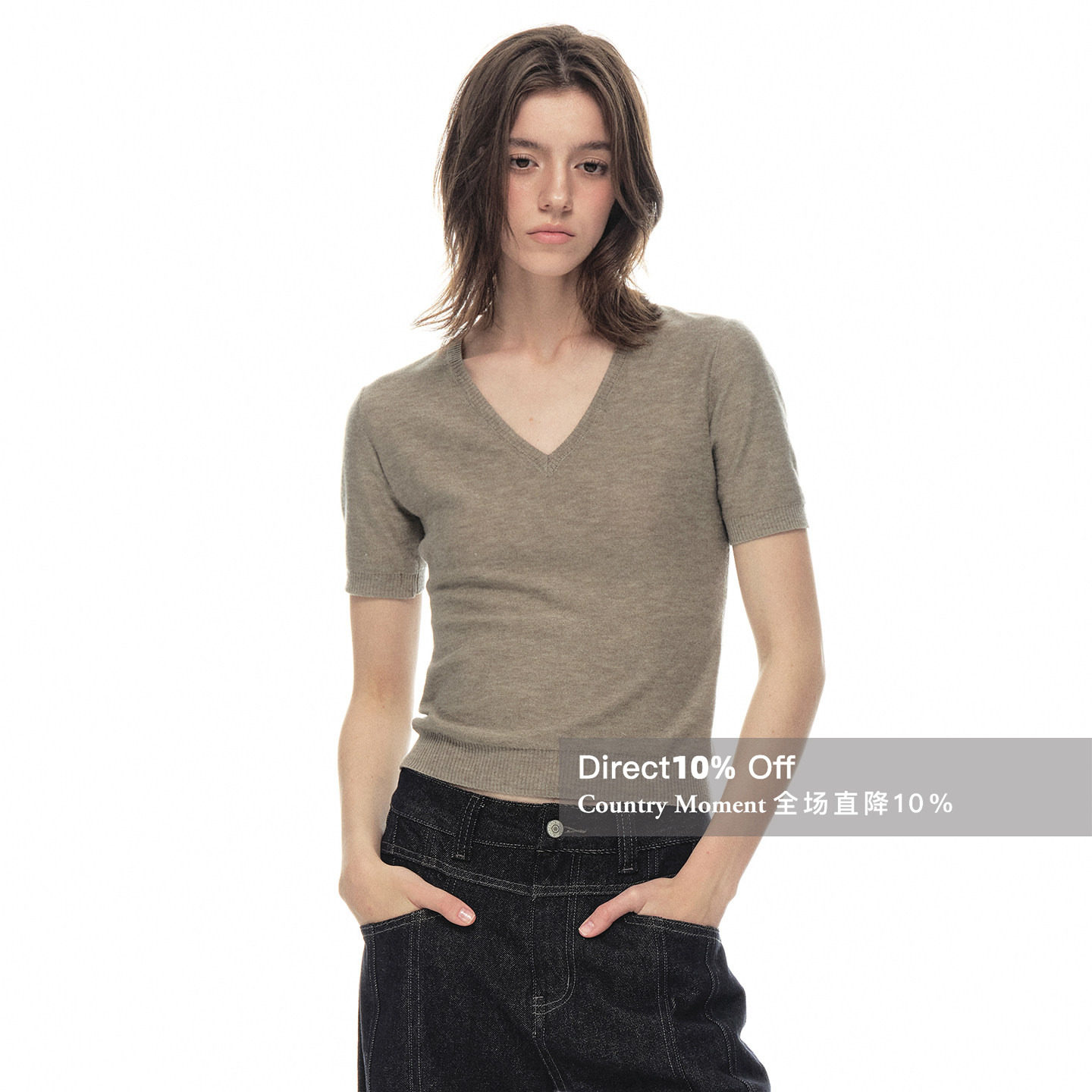 CountryMoment 桑蚕丝羊毛混纺轻薄透气紧身V领短袖T恤女针织上衣