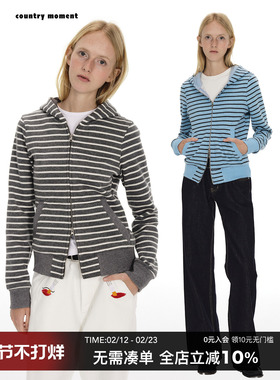 CountryMoment 美式复古修身条纹连帽外套秋冬拉链开衫卫衣女帽衫