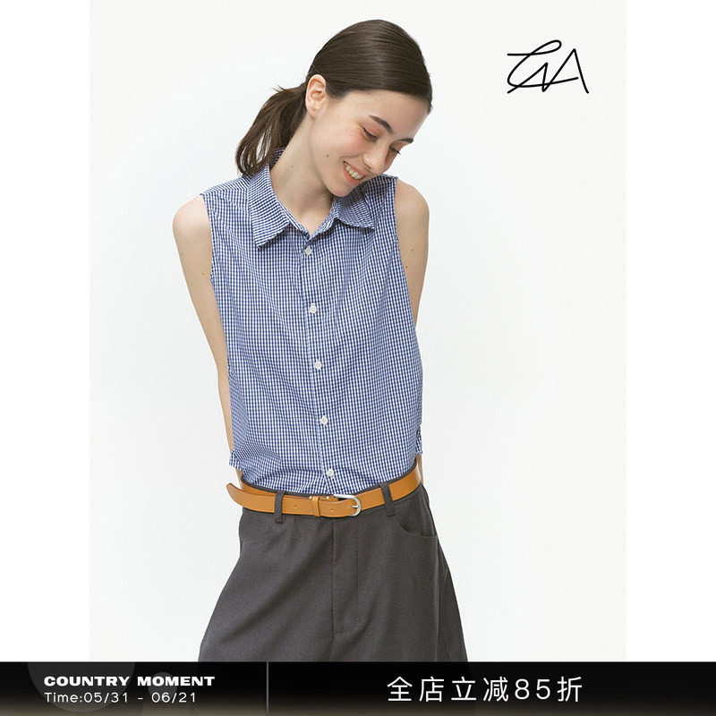 CountryMoment 翻领无袖格子衬衫女夏修身显瘦衬衣内搭背心打底衫