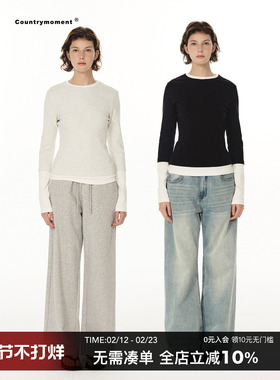 CountryMoment 软糯针织 假两件撞色拼接长袖T恤女修身显瘦打底衫
