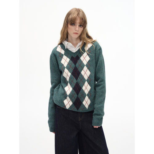 羊毛混纺美式复古毛衣V领针织衫