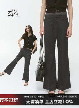 CountryMoment 复古中低腰微喇烟管西裤女灰色高级感九分休闲裤夏