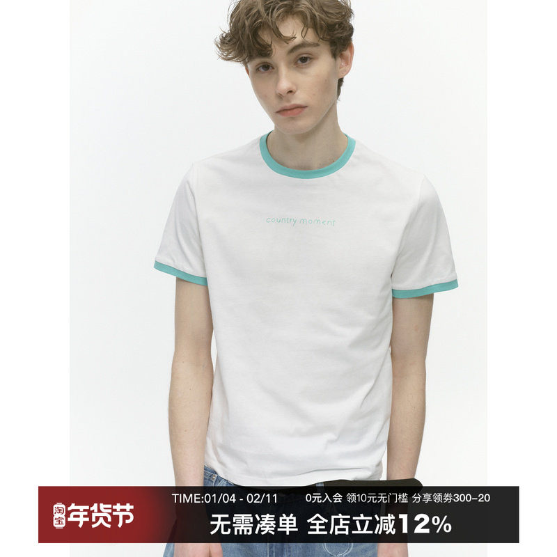 CountryMoment撞色领口简笔logo短袖男夏季正肩T恤女纯棉简约体恤,男装,T恤,淘宝优惠券,粉丝福利购,淘宝优惠卷