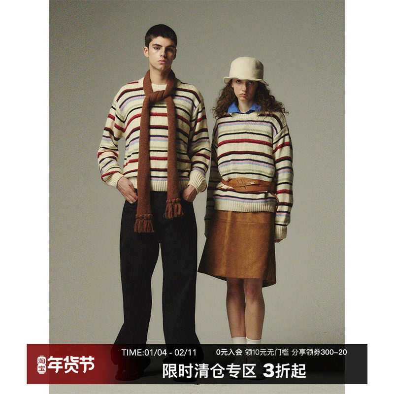 CountryMoment 秋冬复古宽松彩色条纹毛衣男女Cleanfit套头针织衫,男装,针织衫/毛衣,淘宝优惠券,粉丝福利购,淘宝优惠卷