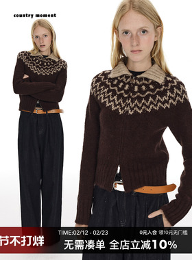 CountryMoment羊毛混纺/费尔岛开衫毛衣女秋冬修身针织衫复古外套