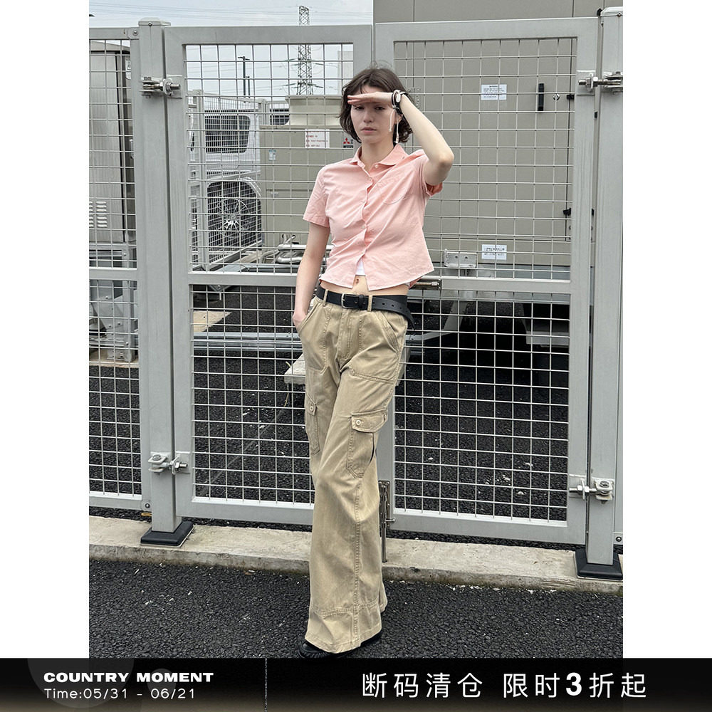 CountryMoment 斜纹高密棉美式娃娃领修身短袖衬衫女显瘦短款衬衣