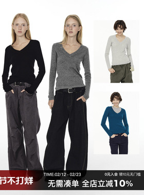 CountryMoment【可机洗】100%精纺纯羊毛V领打底衫女长袖内搭T恤
