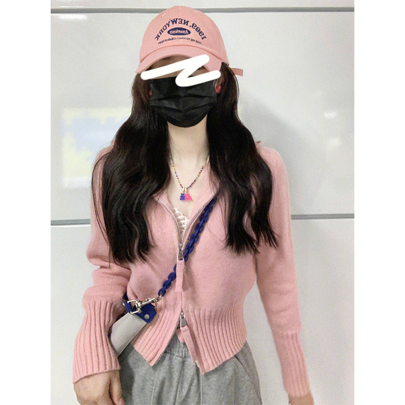 가을과 겨울 디자인 틈새 짧은 후드 스웨터 재킷 여성을 위한 오른쪽 어깨 유럽 더블 지퍼 니트 카디건 외부 착용