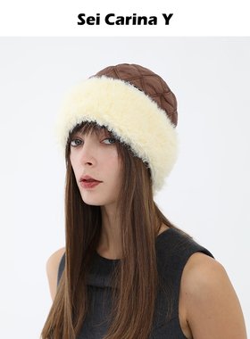 Sei Carina Y毛毛拼接菱形格棉渔夫帽女可爱亲肤小众设计冬季帽子