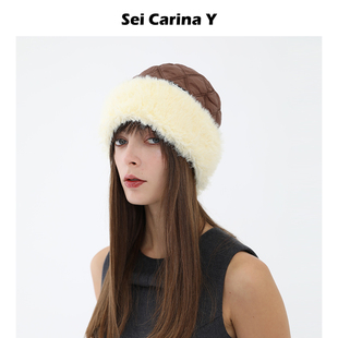 帽子 Y毛毛拼接菱形格棉渔夫帽女可爱亲肤小众设计冬季 Sei Carina
