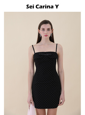 Sei Carina Y假领拼接烫钻吊带裙连衣裙女裙子新款黑色短裙高级感