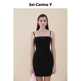 黑色短裙高级感 Y假领拼接烫钻吊带裙连衣裙女裙子新款 Sei Carina