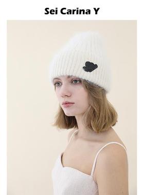 Sei Carina Y皮质logo标加厚毛线帽女秋冬新款保暖针织帽子高级感