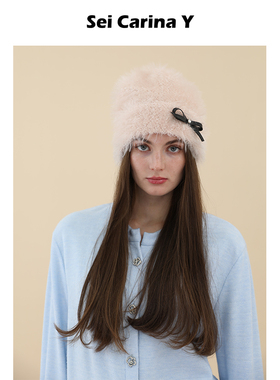 [7折]Sei Carina Y毛茸蝴蝶结装饰毛线帽女时尚保暖可爱风帽子