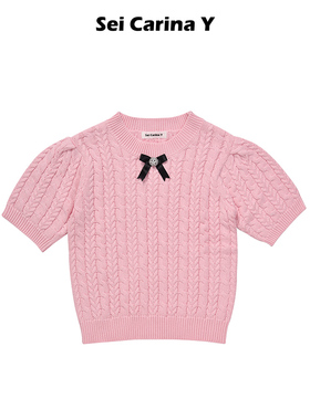 [7折]Sei Carina Y钻扣蝴蝶结麻花短袖毛衣女秋季甜美针织衫上衣