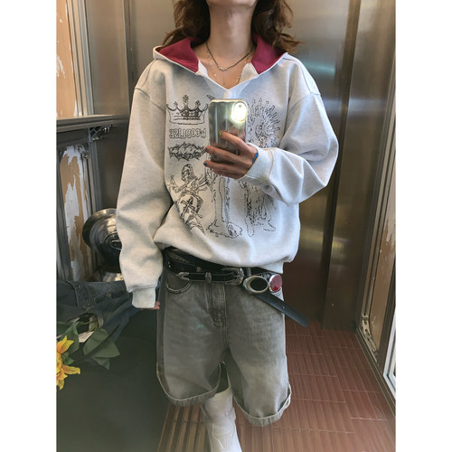 阿荒与阿卤*美式盾牌骑士笔绘印花复古宽连帽V领设计感卫衣外套