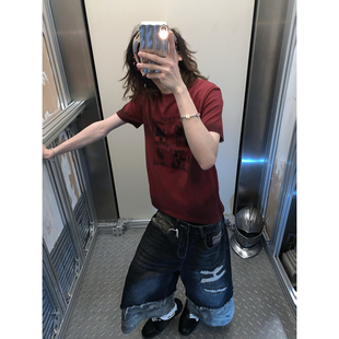 阿荒与阿卤美式 男潮T恤 复古脏染做旧设计感高街宽松直筒圆领短袖