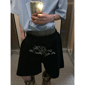 阿荒与阿卤韩国复古松紧腰运动休闲男女短裤 五分裤 设计感日常情侣