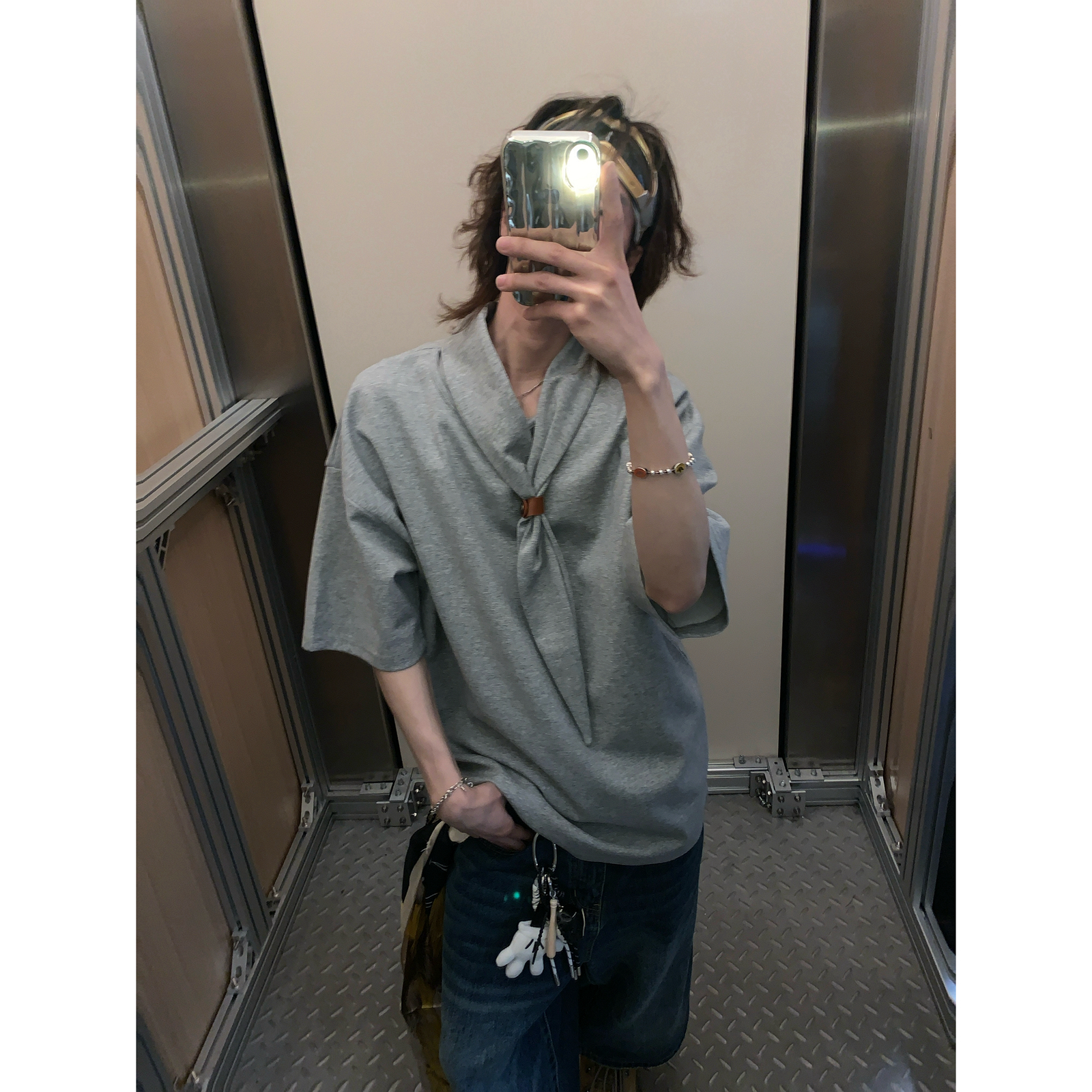 阿荒与阿卤配巾领纯色圆领短袖t恤男女夏季休闲设计感上衣潮百搭