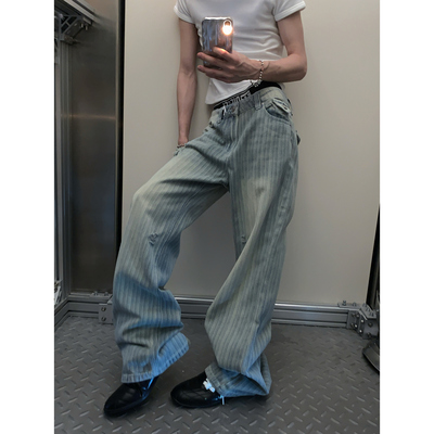 阿荒与阿卤美式复古竹节纹破洞做旧宽松直筒休闲百搭垂感牛仔裤男