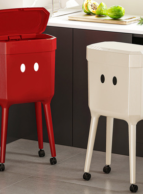 新款可爱卡通高脚双层垃圾桶家用厨房带盖带轮可移动大容量收纳桶