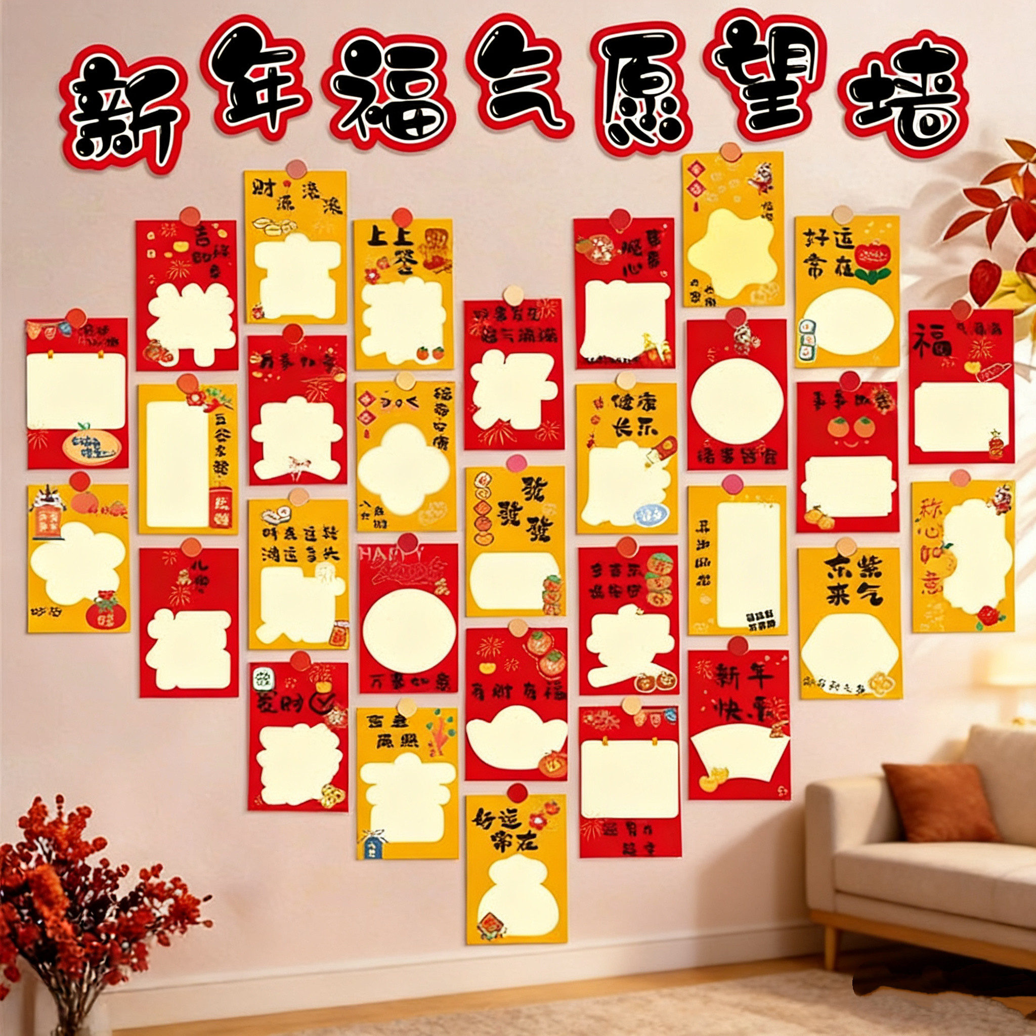 2026新年福气愿望墙贺卡元旦教室布置装饰卡片墙贴幼儿园小学生儿童祝福许愿手写心愿空白明信片寄语悬挂吊牌
