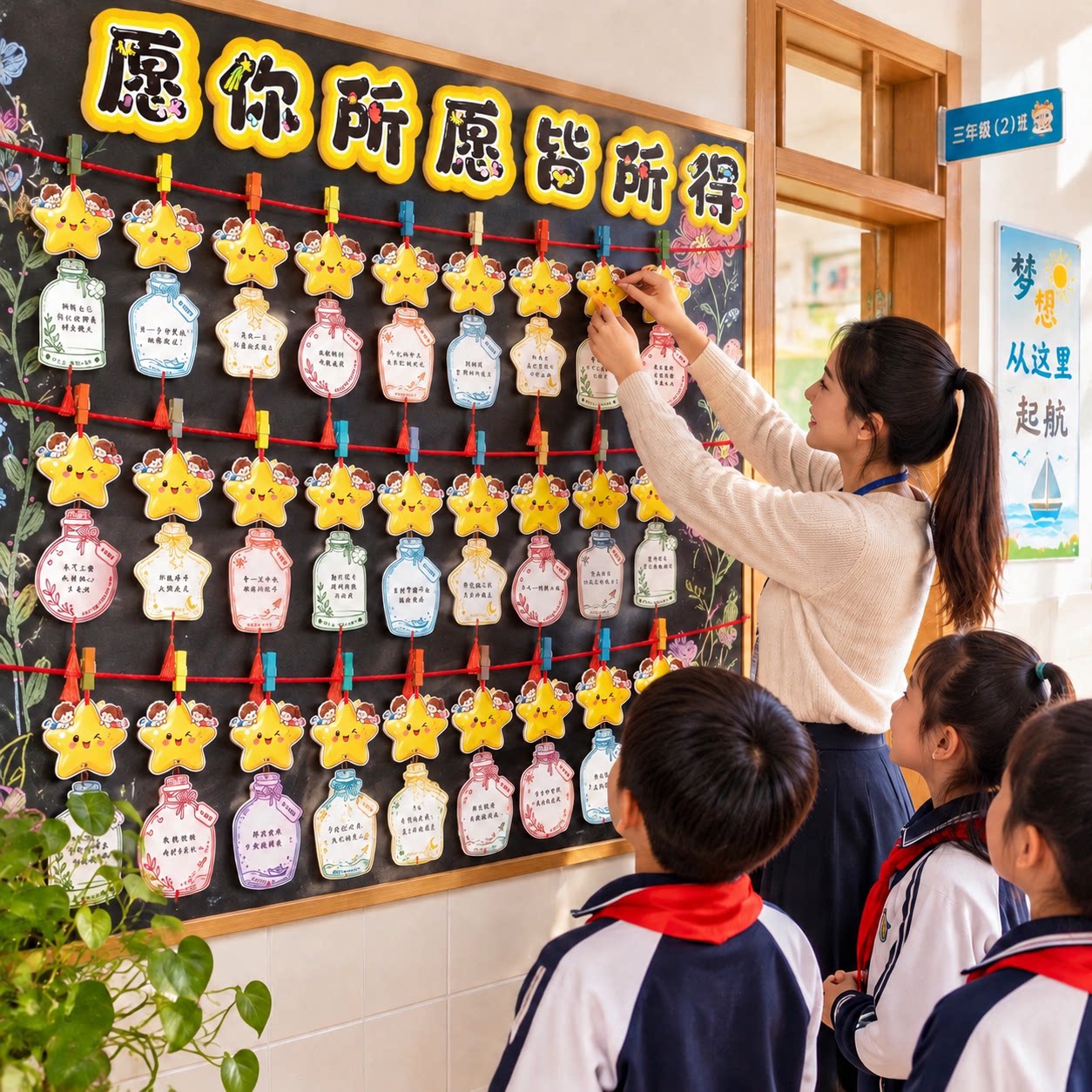 幼儿园班级环创布置文化墙装饰愿望吊卡创意星星许愿卡老师家长手写寄语祝福明信片中小学生目标励志心愿卡片
