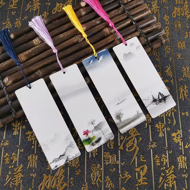 梅兰竹菊空白水墨山水书签diy手绘卡古典中国风涂鸦硬纸流苏卡片精