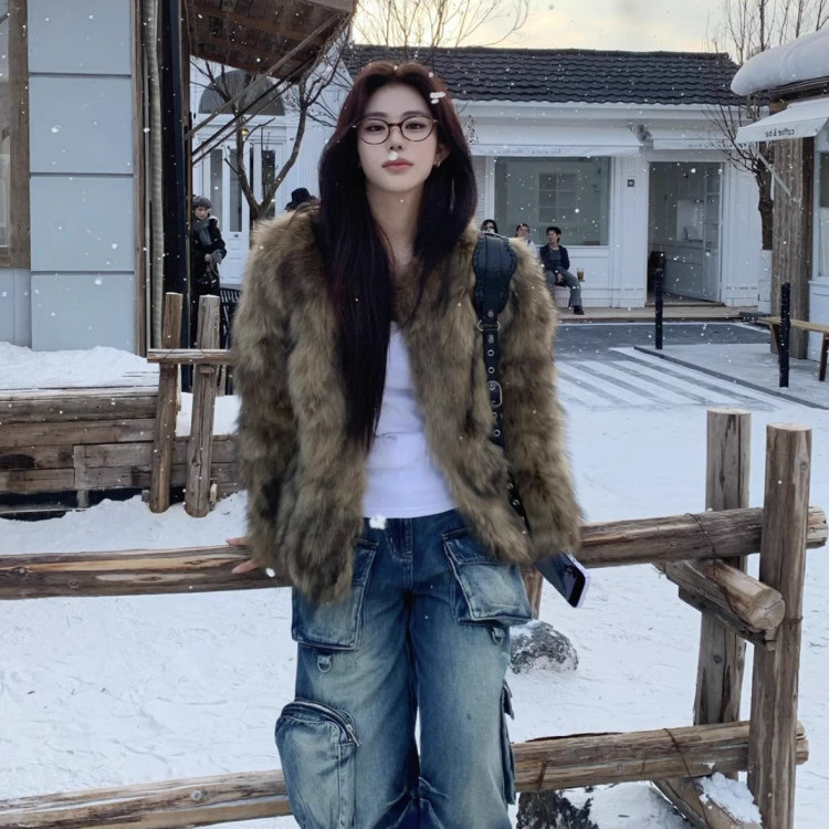 秋冬皮草外套女短款貉子毛圆领仿皮草女装大衣韩版狐狸毛环保皮草