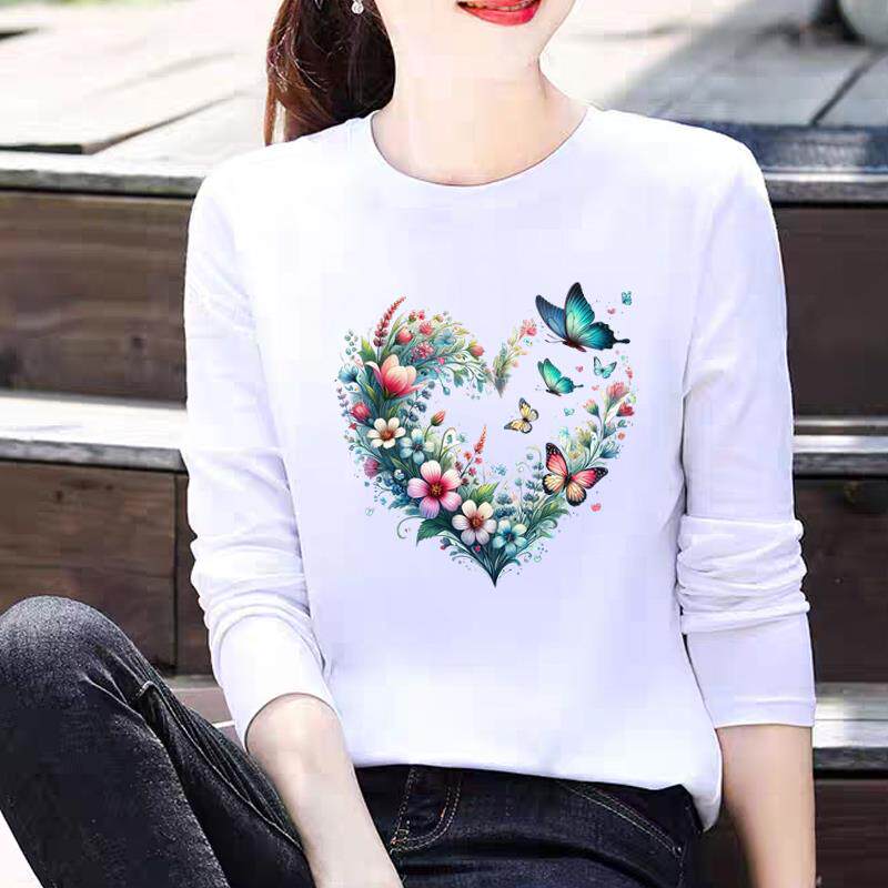爱心花朵网红ins圆领印花新款爆款休闲通勤洋气女秋冬春季长袖T恤