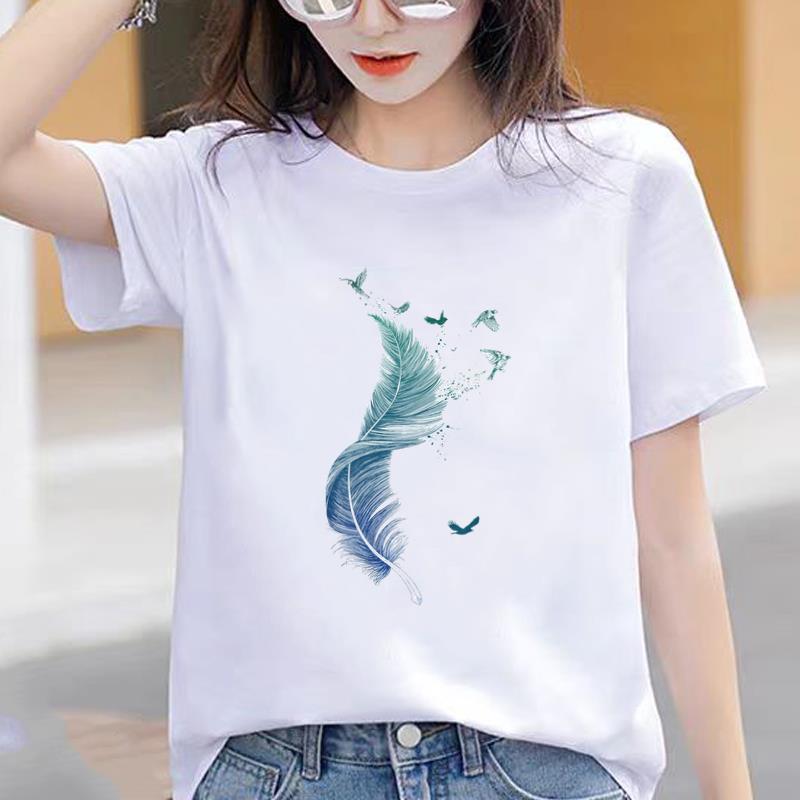 爆款休闲印花通勤羽毛休闲洋气上衣洋气可爱INS通勤女圆领短袖T恤