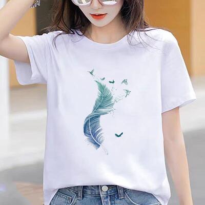 爆款休闲印花通勤羽毛休闲洋气上衣洋气可爱INS通勤女圆领短袖T恤