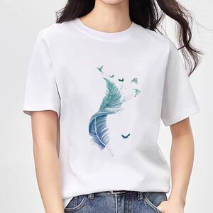 纯棉可爱简约可爱羽毛INS印花上衣爆款休闲通勤女洋气圆领短袖T恤