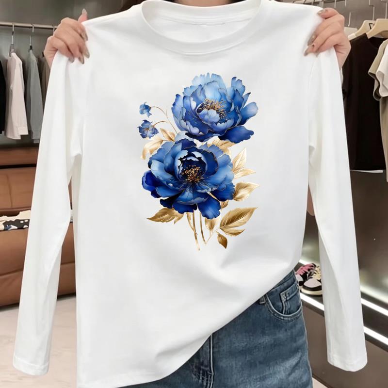 花朵花卉休闲通勤洋气网红爆款新款印花女秋冬春季圆领ins长袖T恤
