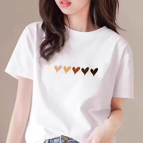 爆款可爱INS通勤休闲印花通勤心形简约洋气上衣洋气女圆领短袖T恤