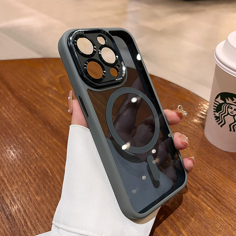钛灰色磁吸金属镜头适用苹果16promax手机壳新款14pro透明magsafe硅胶iphone15plus高级13pm保护套男软边硬壳