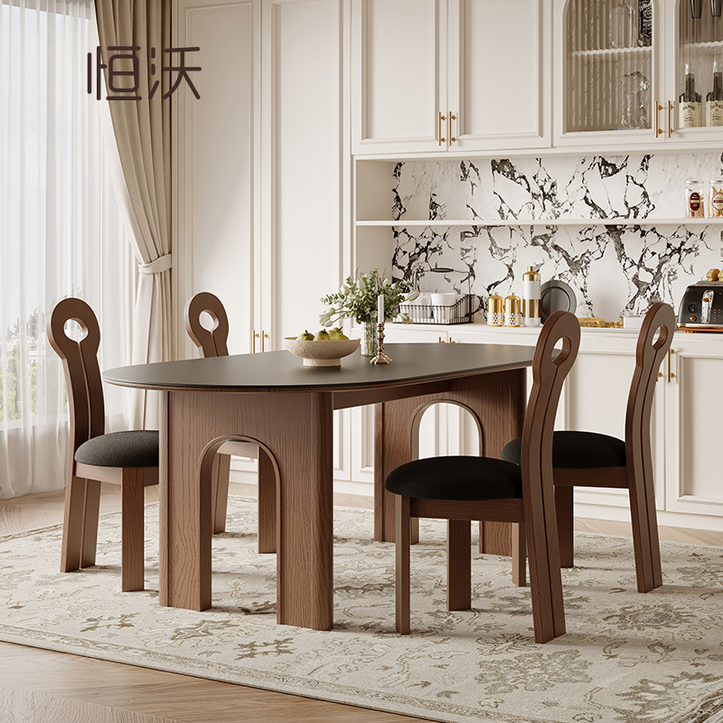 恒沃法式中古风黑色岩板餐桌