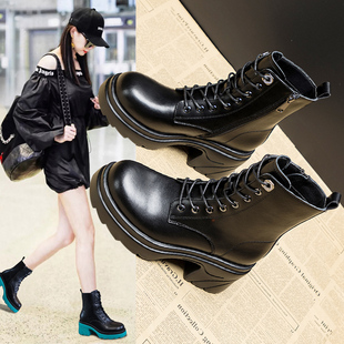 复古真皮高跟马丁靴女2025新款 短靴 小个子厚底增高英伦风绑带时尚