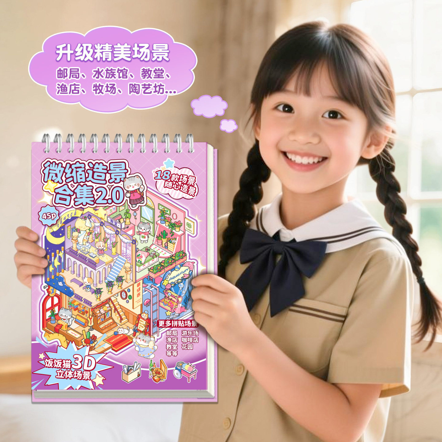 安静说书叔语闲微缩造景线圈贴纸书 饭饭猫2.0 手帐diy3D立体场景