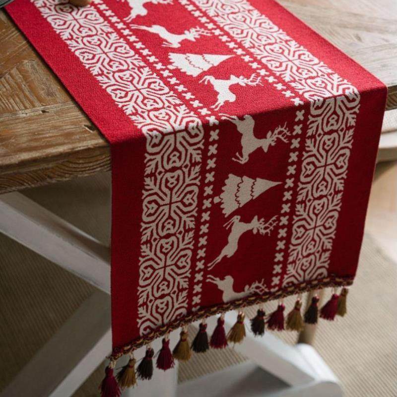 唯美长条桌旗桌布房装茶室圣诞桌旗婚房布置桌旗美式流苏中古桌面