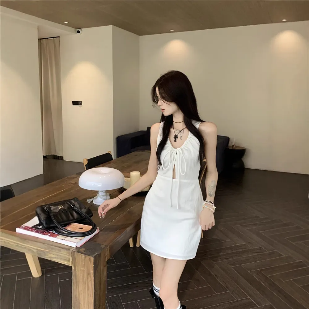 实拍~背心吊带连衣裙夏季白色法式短裙性感辣妹纯欲韩版裙子女装