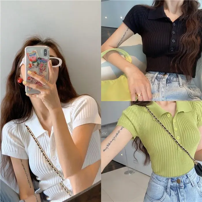 polo领白色短袖t恤女夏季法式别致小众设计感短款紧身上衣针织衫