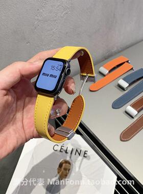 适用苹果手表带Applewatch1098柔软真皮质磁吸折叠扣iwatch76se