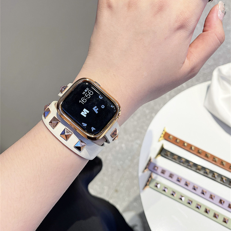 适用iwatch10苹果9手表双圈铆钉细款表带applewatch786SE真皮柔软