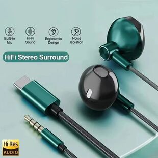 Type C 3.5mm HIFI Stereo Wired Earphones Heavy Bass In Ear