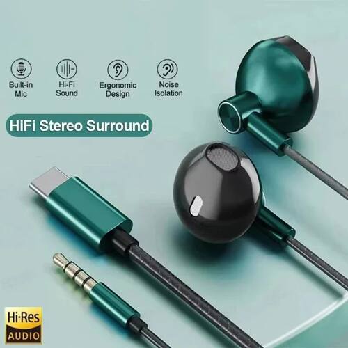 Type C 3.5mm HIFI Stereo Wired Earphones Heavy Bass In Ear