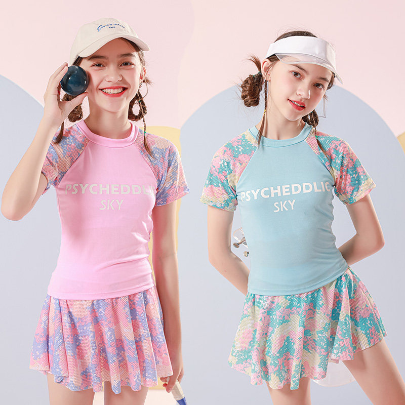 女童泳衣学生分体两件套中小童学生裙式平角女孩大童泡温泉泳装