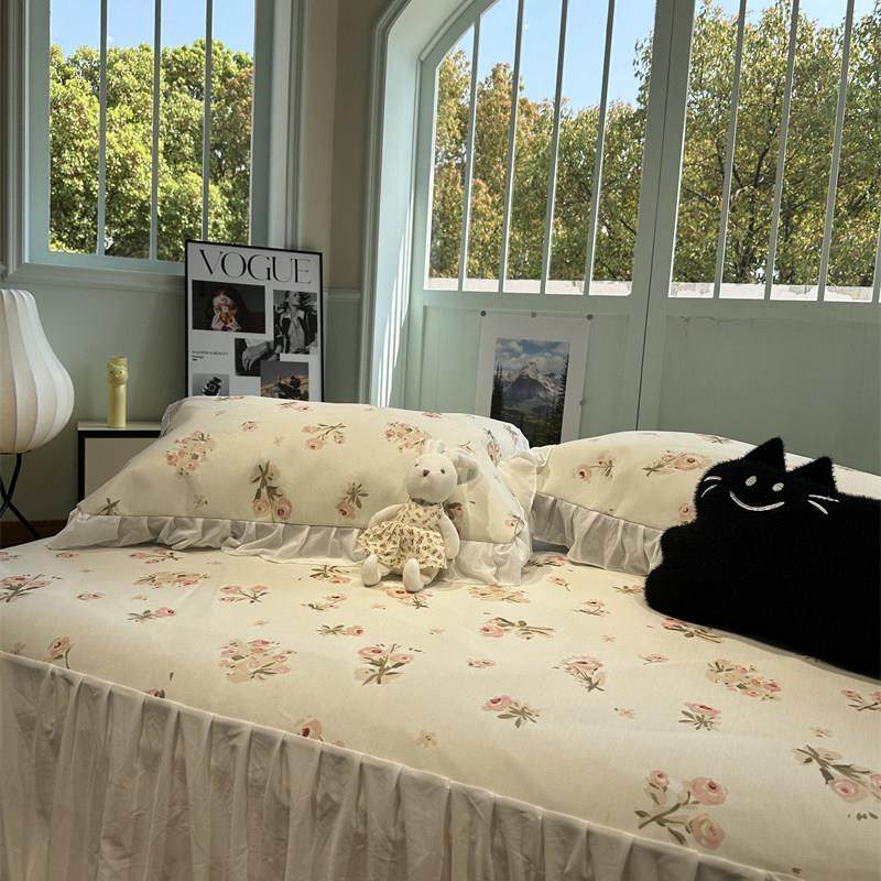 韩系小碎花粉冰丝藤席夏凉席空调席床裙款三件套软席可机洗少女心